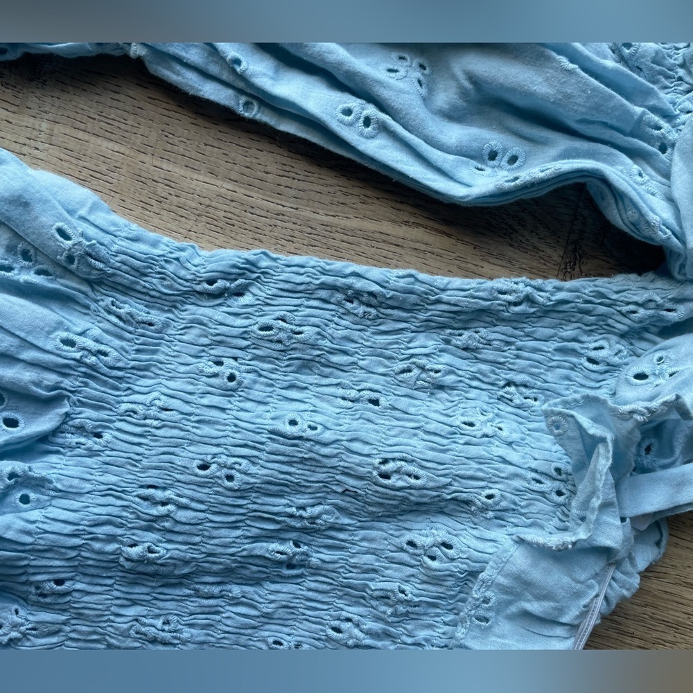 Allina Liu Blue Eyelet Off Shoulder Puff Sleeve Top Size XS Free People - Picture 5 of 7